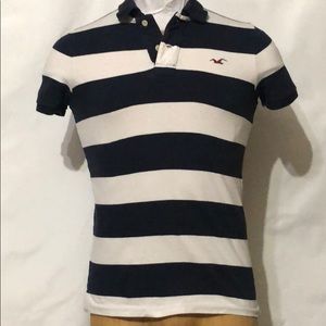Hollister Men’s navy blue and white stripe polo